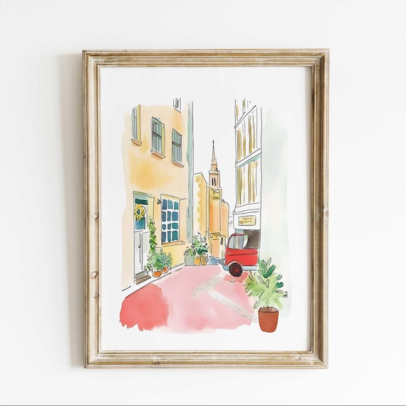 London Street Watercolor Painting Red Car Yellow Facade Cityscape Poster
