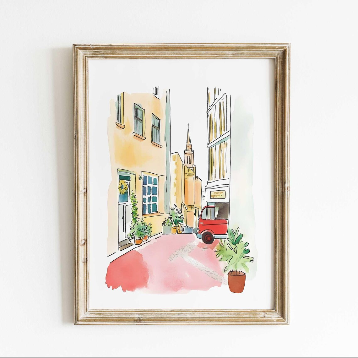 London Street Watercolor Painting Red Car Yellow Facade Cityscape Poster