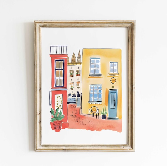 European Alley Red Roofs Watercolor Poster Charming Old Town Decor
