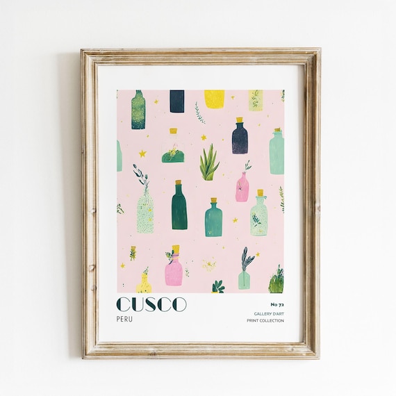 Whimsical Scattered Pink Bottles Pattern Cusco Peru Art Print