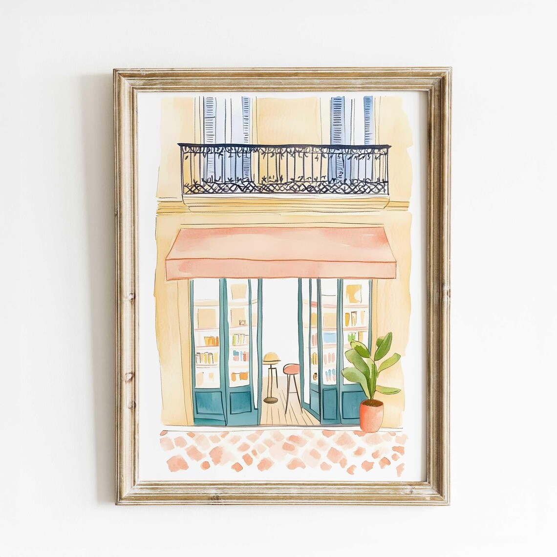 Paris Bookstore Watercolor Pink Awning Bookshop French Art Poster