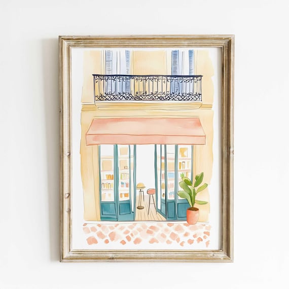 Paris Bookstore Watercolor Pink Awning Bookshop French Art Poster