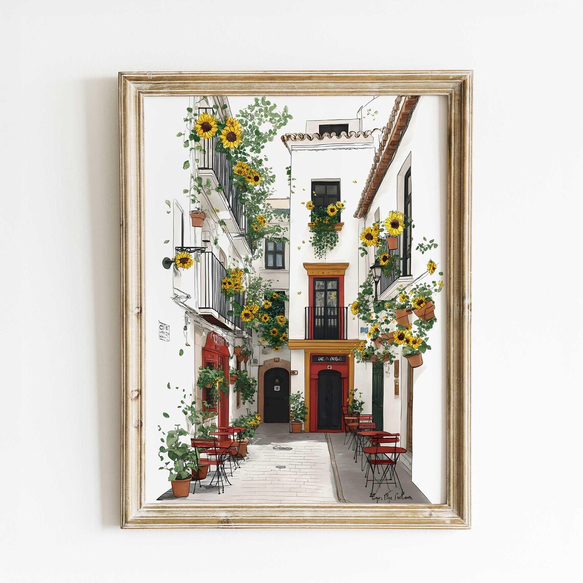Spanish Street Sunflowers White Alley Watercolor Cafe Poster