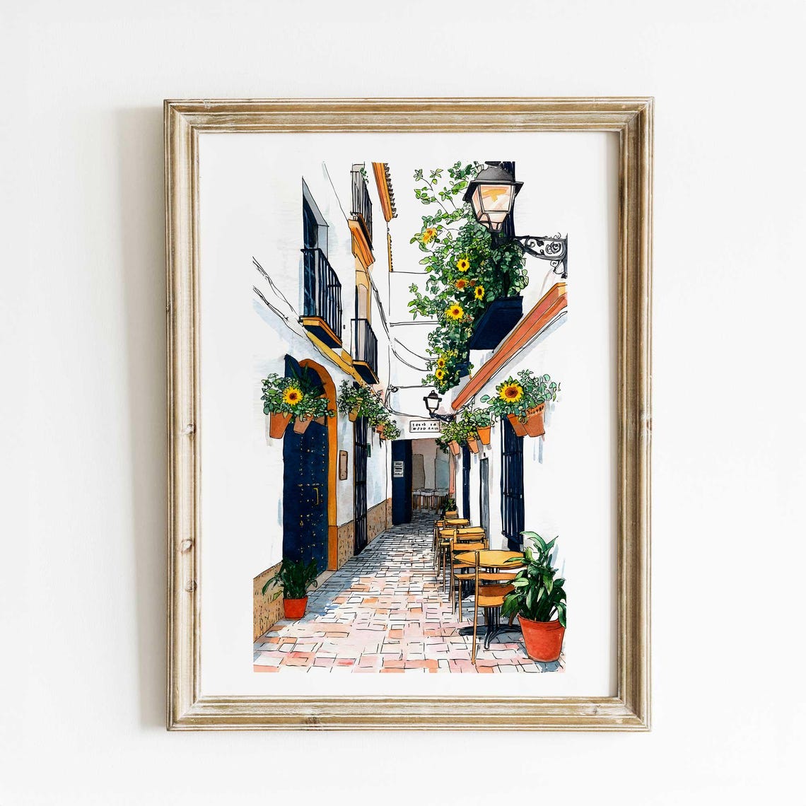 Spanish Sunflower Alley Cafe Tables Whitewashed Street Poster