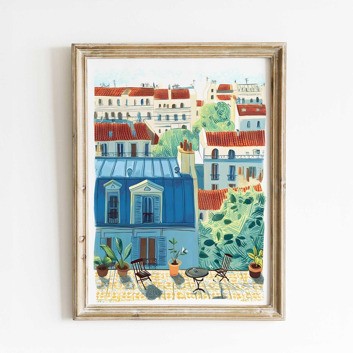 Paris Rooftop Watercolor Poster With Balcony Plants And Red Tiled Roofs