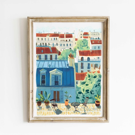 Paris Rooftop Watercolor Poster With Balcony Plants And Red Tiled Roofs