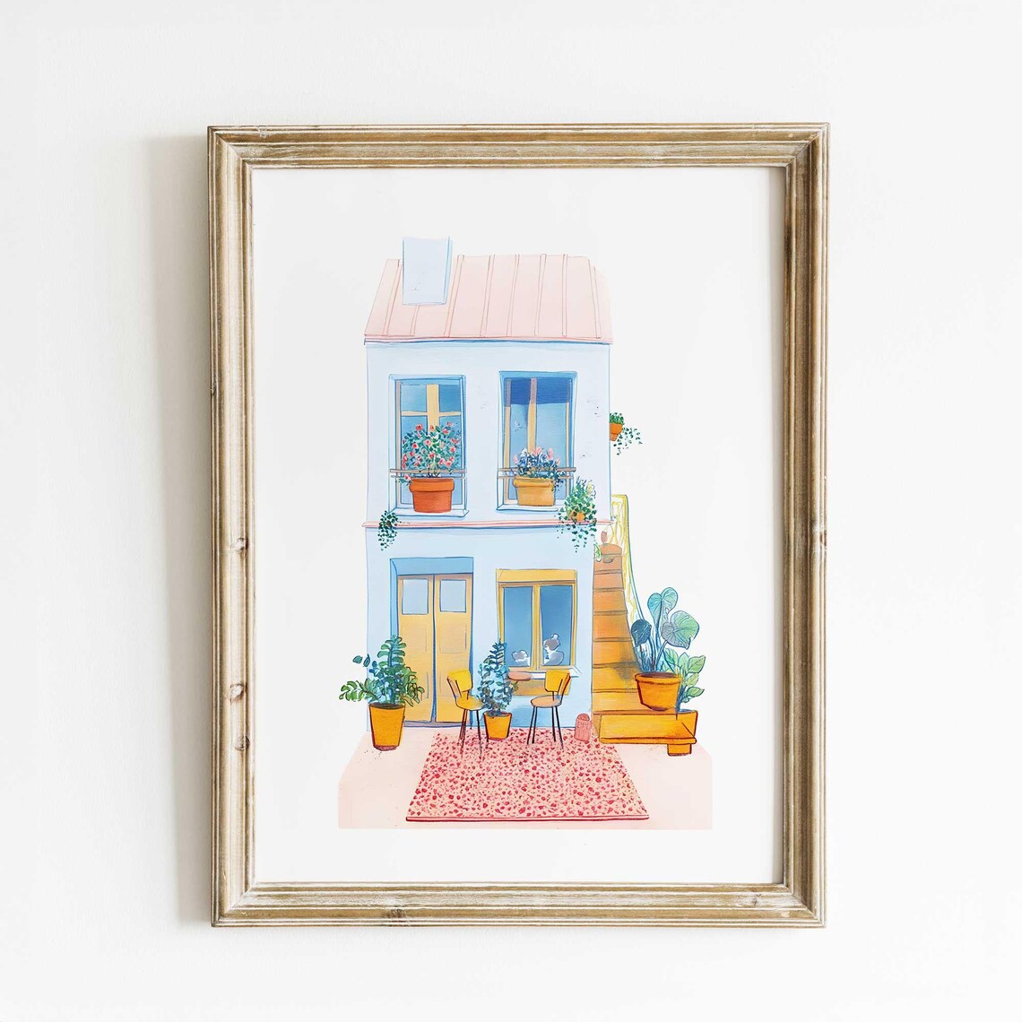 Parisian Townhouse Watercolor with Yellow Door and Flower Pots Poster