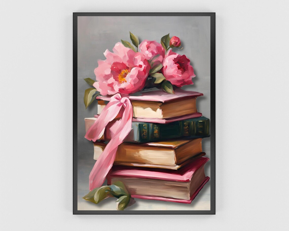 Stack Of Vintage Books Tied With Pink Ribbon And Peonies Poster - Image 3