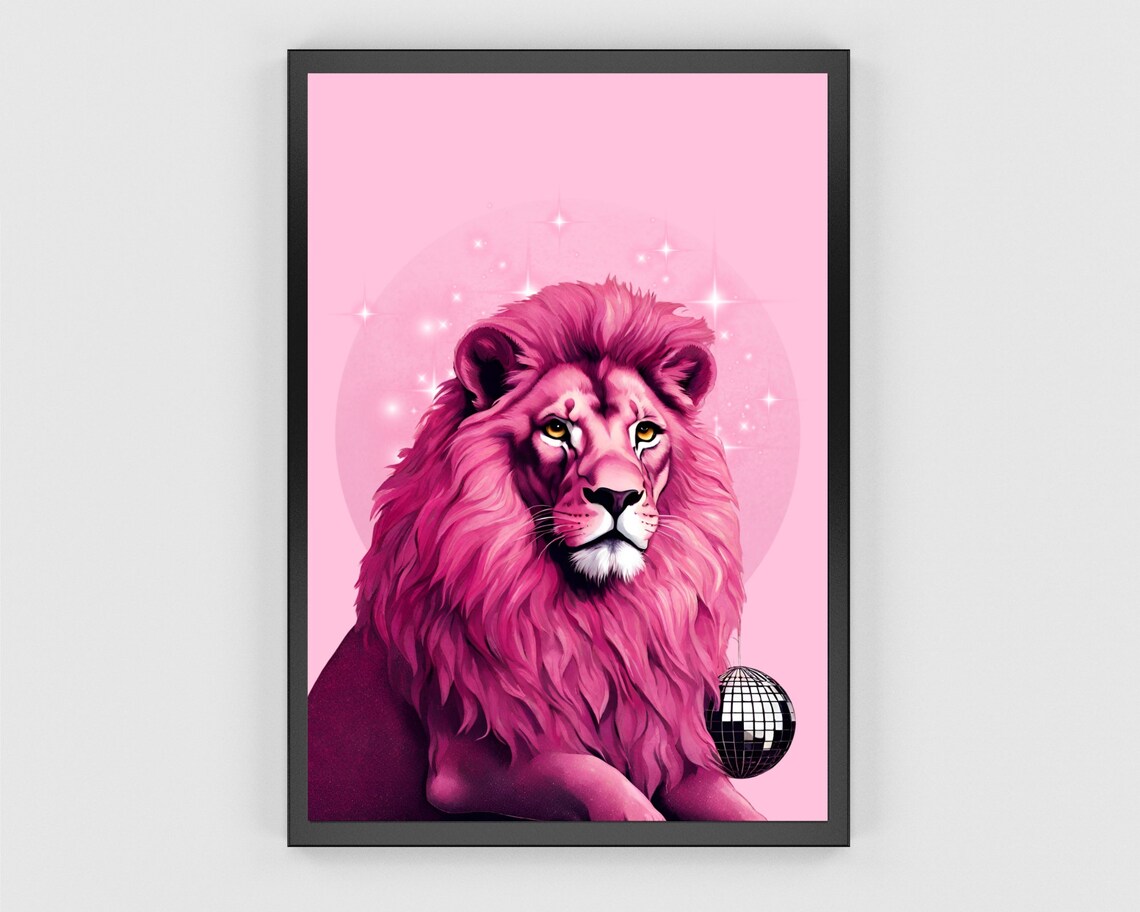 Pink Lion Disco Ball Sparkle Preppy Jungle Cat Portrait Poster - Image 3