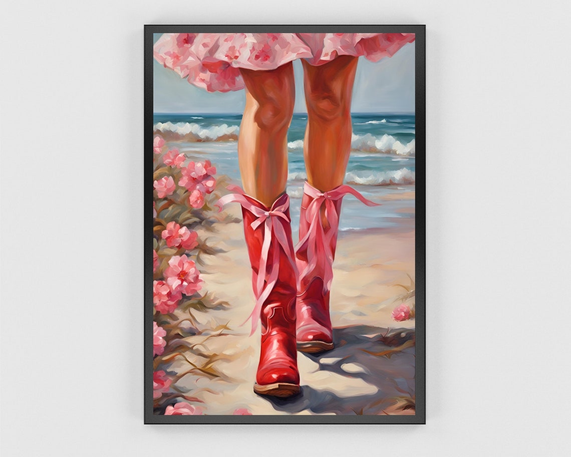 Pink Cowboy Boots Ribbon Bows Beach Roses Western Wall Poster - Image 3