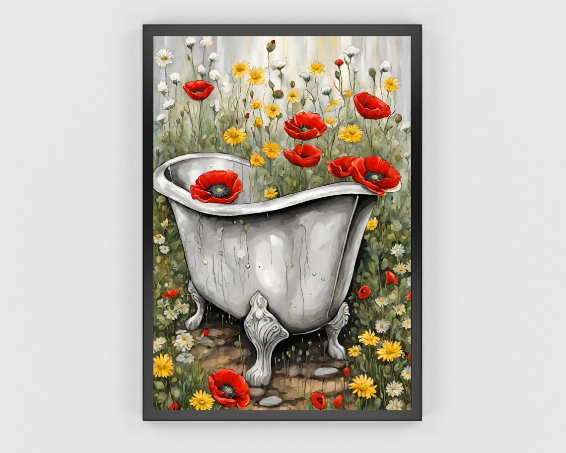 Vintage Metal Bathtub Wildflower Meadow Red Poppy Garden Poster - Image 3