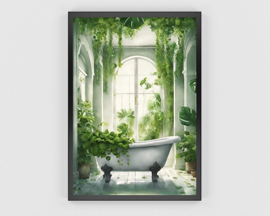 White Clawfoot Tub Greenhouse Plants Bright Botanical Bath Poster - Image 3