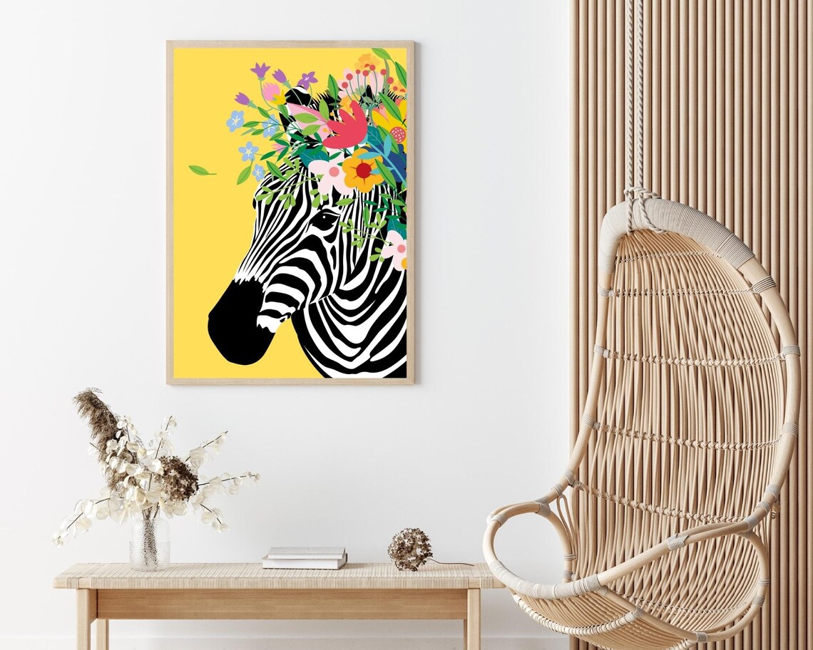 Zebra Flower Crown Yellow Tropical Retro Animal Portrait Poster - Image 2
