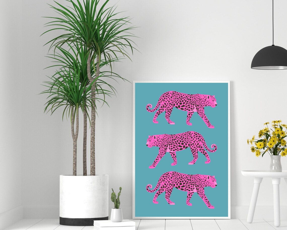 Pink Leopards Art Print, Preppy Tropical Jungle Decor - Image 3