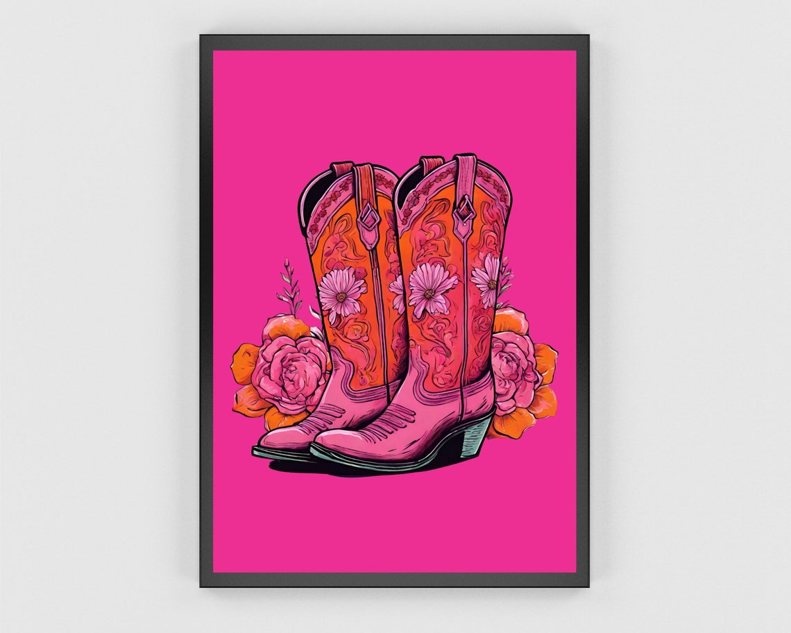 Pink Cowboy Boots Art Print Cowgirl Wall Art Pink Cowgirl Boot Poster Western Vintage Cowgirl Prints Girly Pink Orange Apartment Decor - Image 3