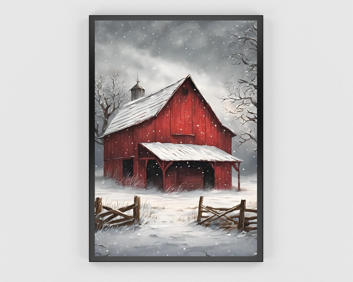 Red Barn Winter Snow Farm Landscape Rustic Vintage Art Poster - Image 3