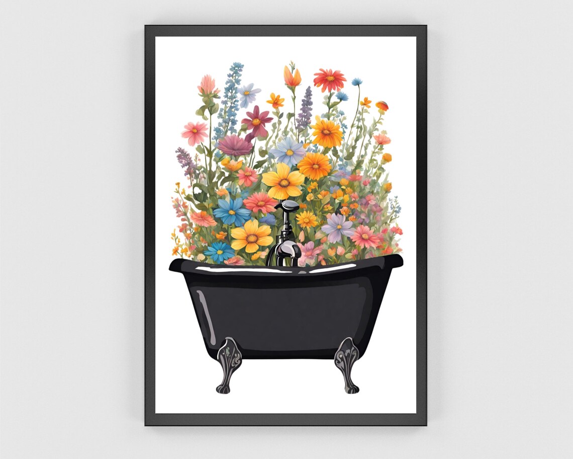 Vibrant Bathtub Full Of Wildflowers Colorful Floral Bath Art Poster - Image 3