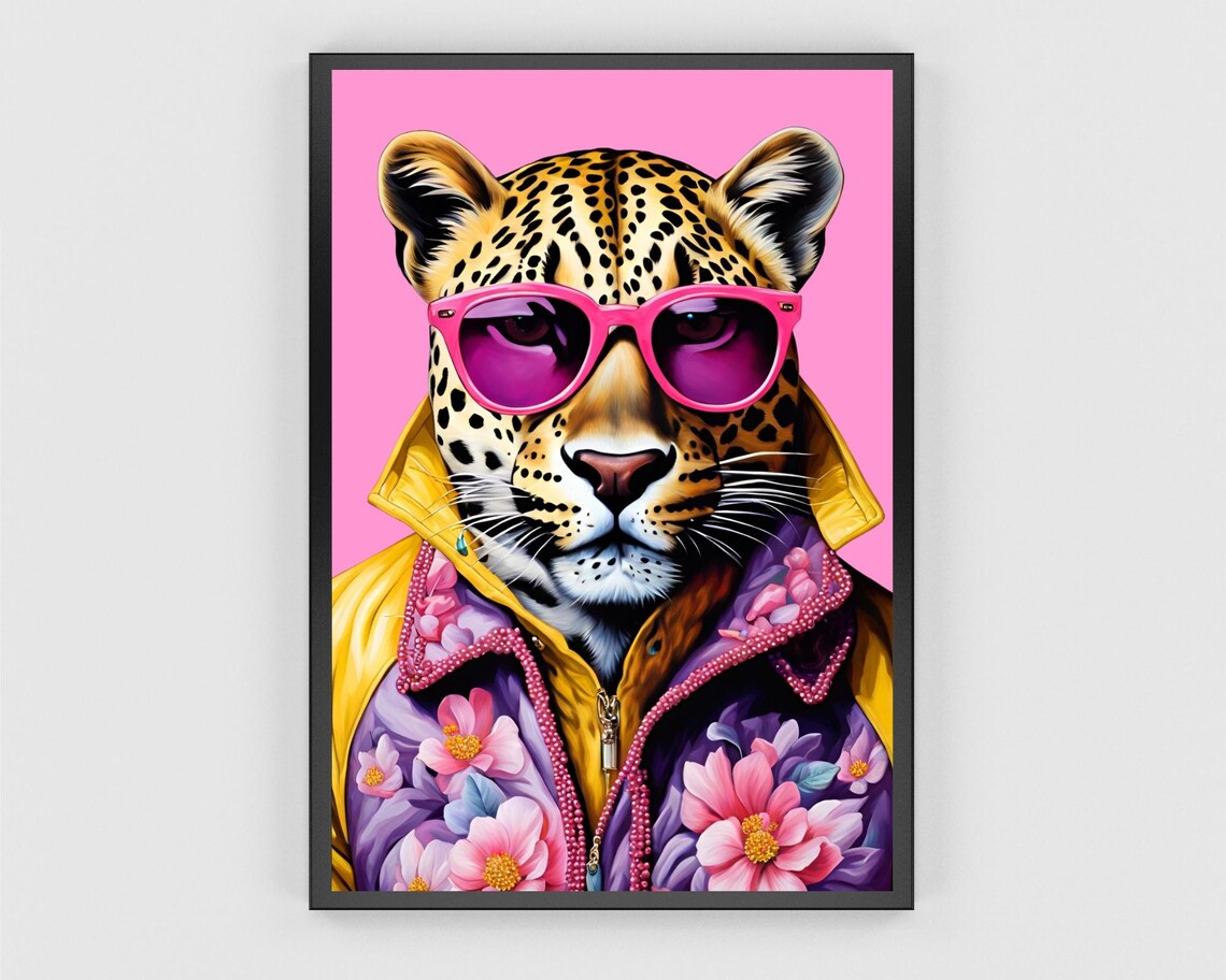 Fashion Leopard Pink Sunglasses Floral Jacket Pop Art Wall Poster - Image 3