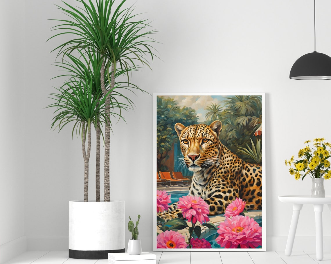 Tropical Leopard by the Pool Pink Flowers Maximalist Wall Poster - Image 2