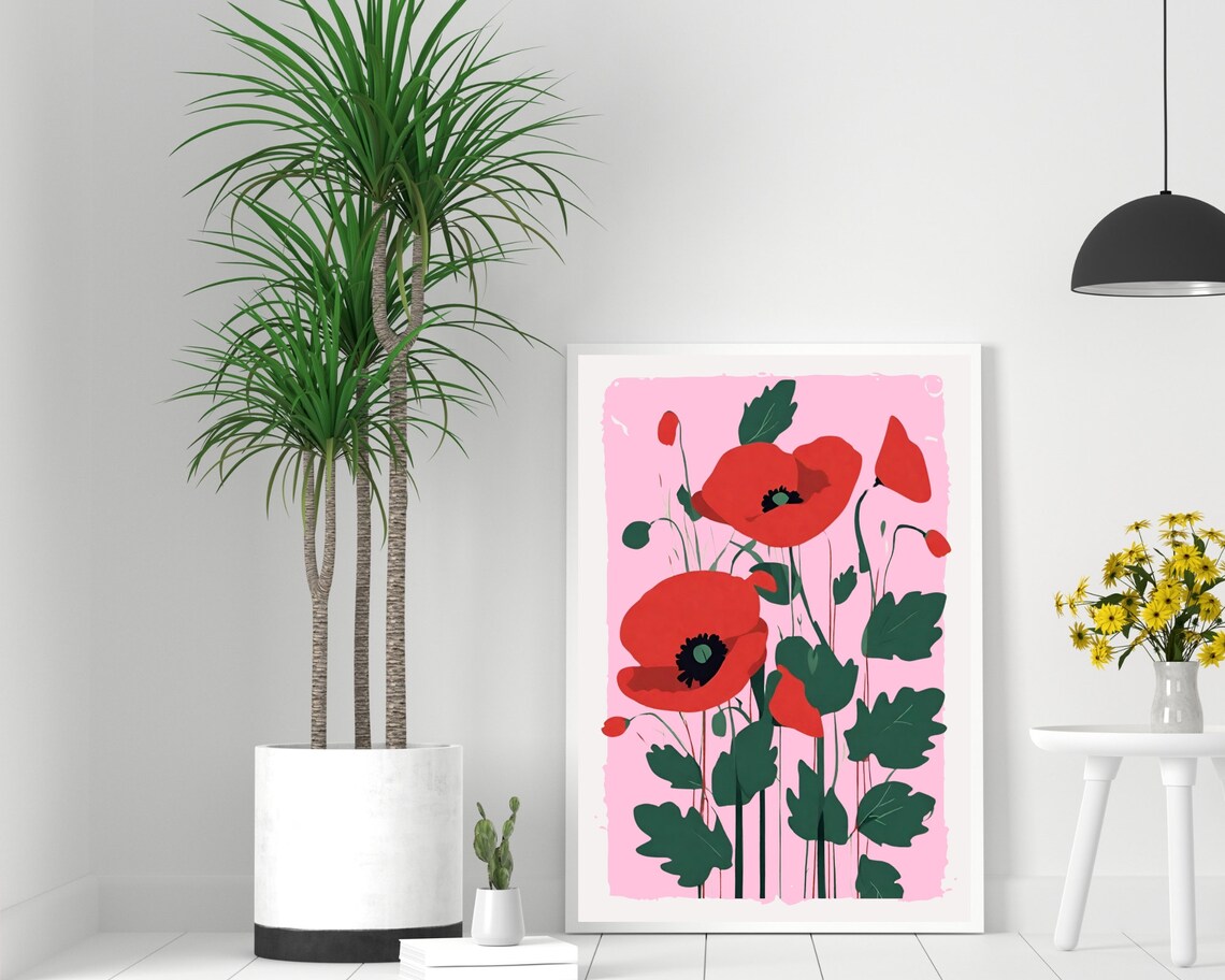 Bold Red Poppies Pink Background Minimalist Floral Art Poster - Image 2