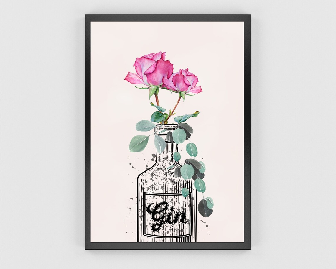 Botanical Gin Art Print, Pink Floral Kitchen Poster - Image 2