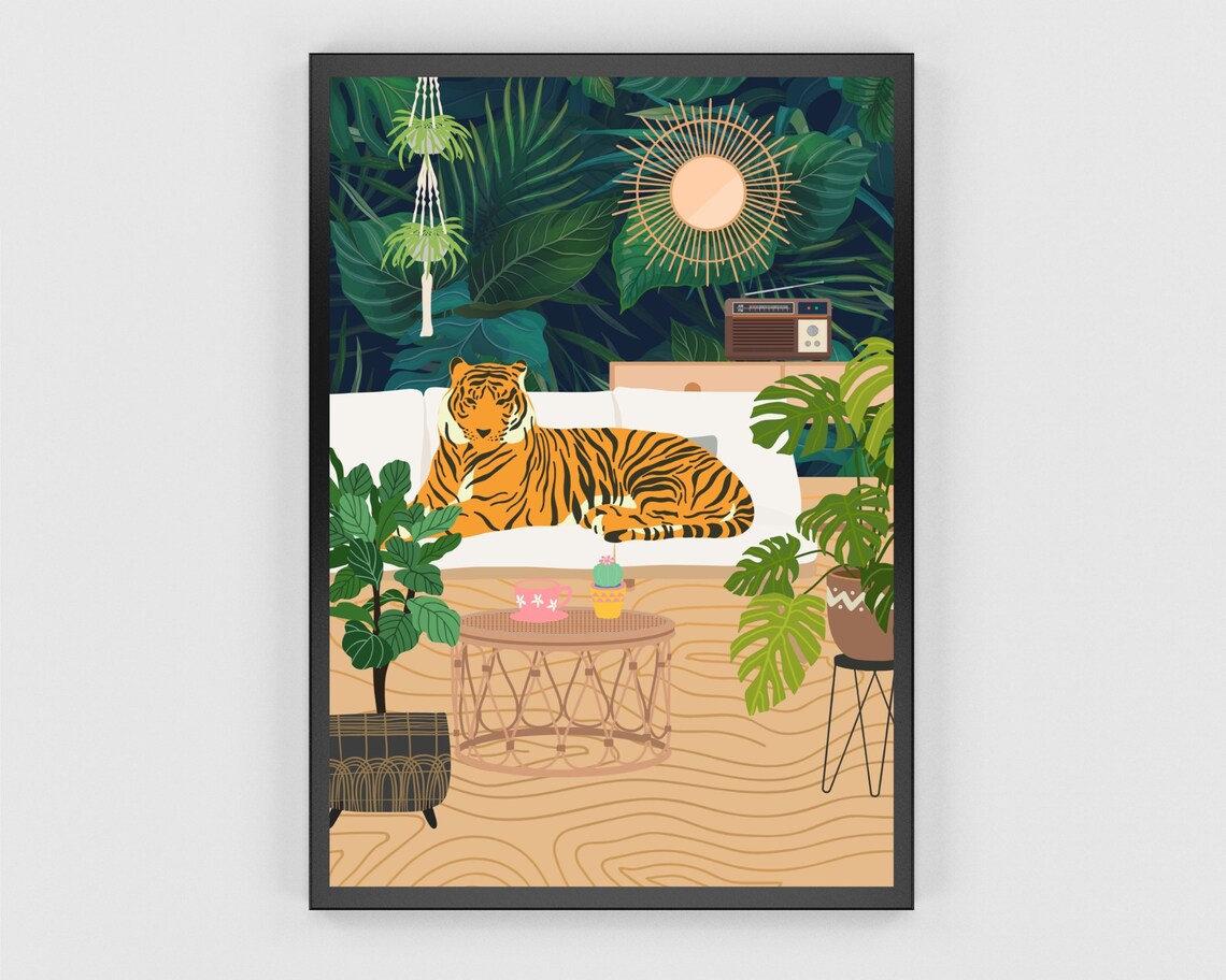 Boho Jungle Tiger Art Print, Maximalist Botanical - Image 2