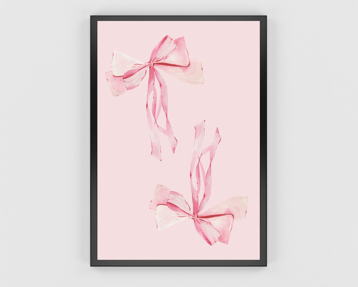 Pink Bow Wall Art Print Coquette Art Grandmillennial Wall Aesthetic Girls Pastel Pink Hair Bow Watercolor Picture Print - Image 3
