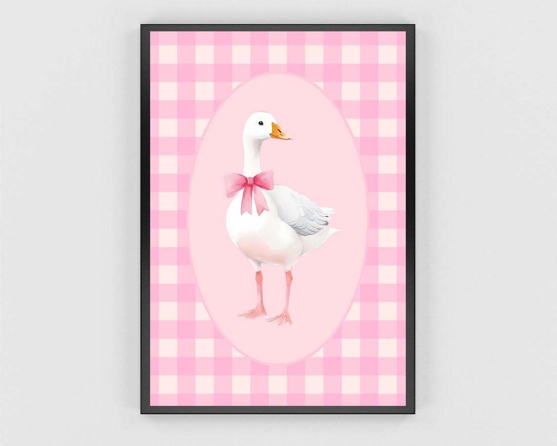 White Goose Pink Bow Gingham Nursery Cute Cottage Wall Poster - Image 3