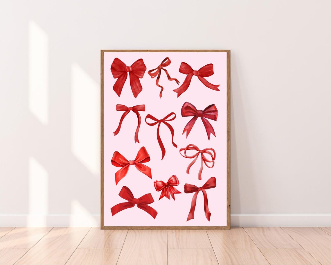 Red Ribbon Bows Pattern on Pink Background Coquette Decor Poster - Image 2