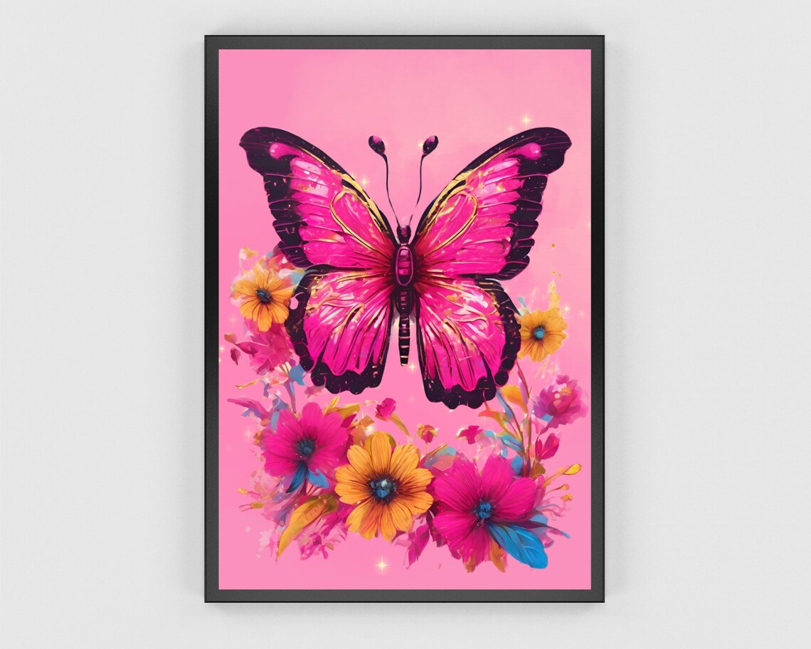 Pink Butterfly Floral Art Magenta Bloom Garden Insect Wall Print - Image 3