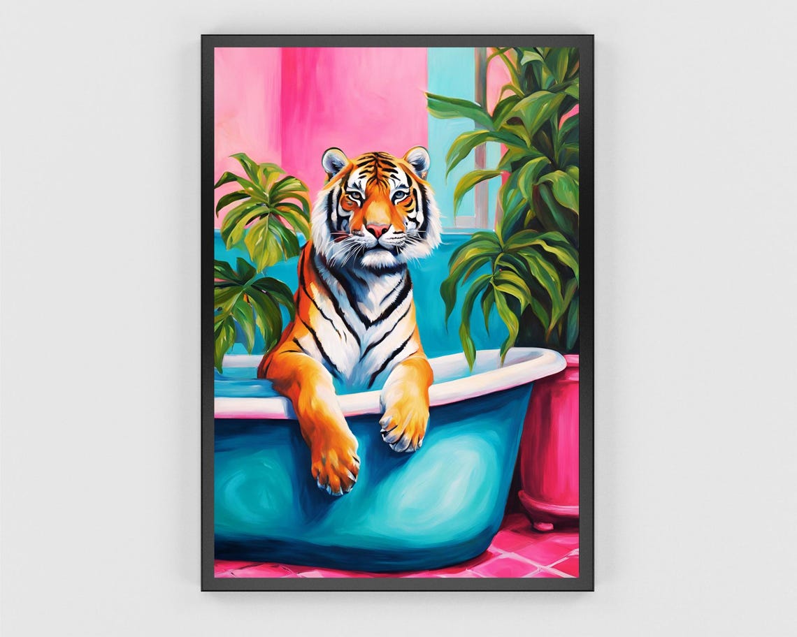 Tiger Relaxing In A Blue Bathtub With Tropical Plants Poster - Image 3