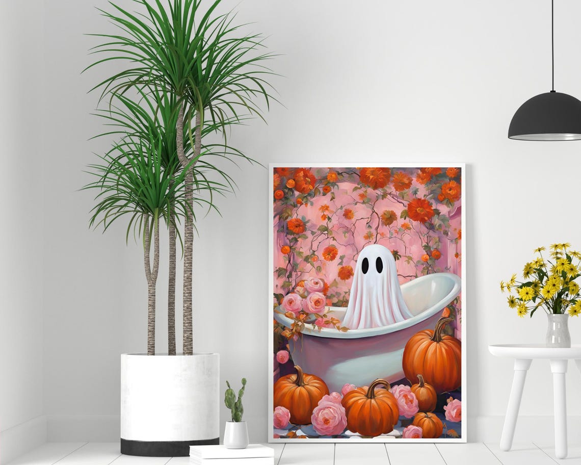 Ghost In The Bath Pumpkins Fall Flowers Halloween Wall Poster - Image 2