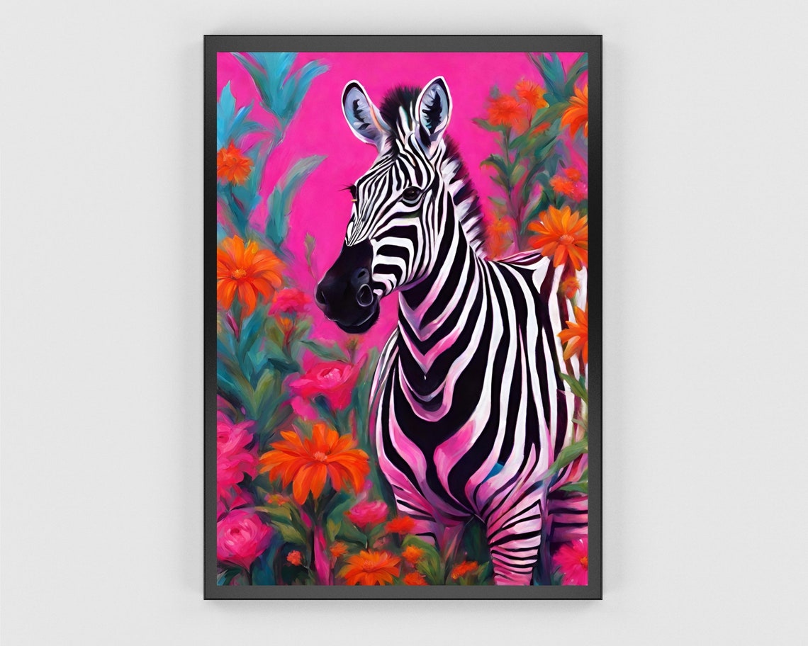 Zebra Among Bright Pink And Orange Flowers On Magenta Poster - Image 3