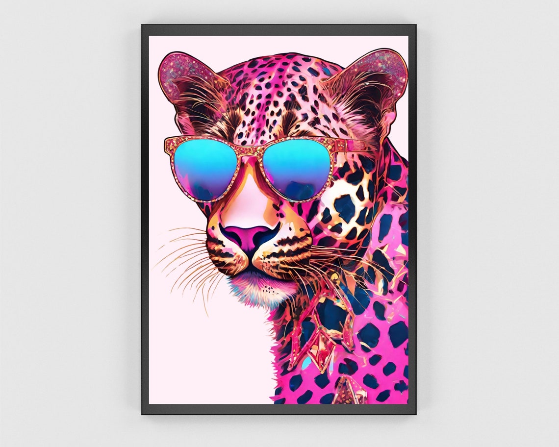 Neon Pink Leopard Blue Mirror Sunglasses Bold Pop Art Wall Poster - Image 3
