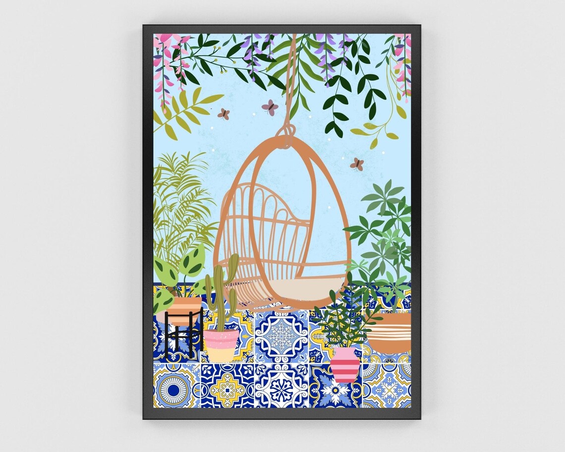 Boho Botanical Rattan Chair Art Print, Eclectic Decor - Image 3