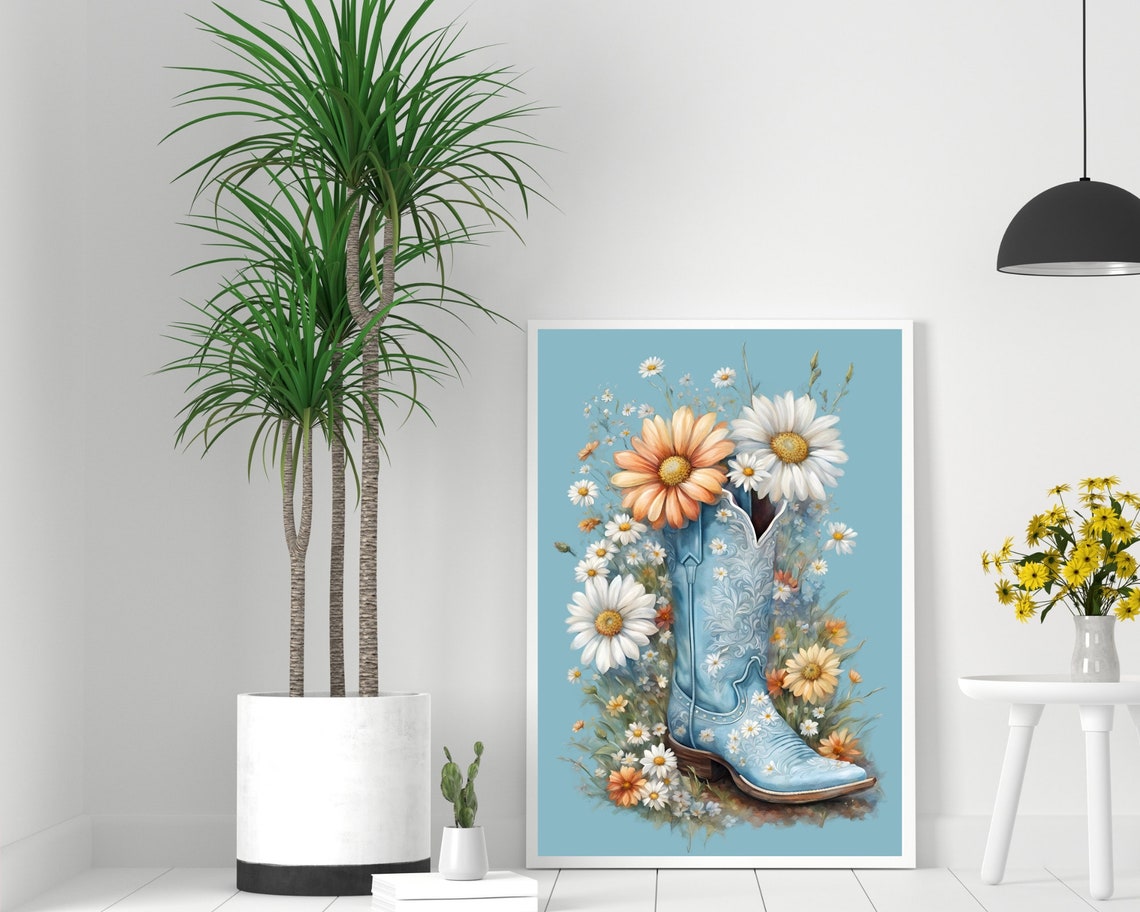 Coastal Cowgirl Wildflower Boots Print Blue Cowboy Boots Wall Art Boho Country Cowboy Poster Floral Vintage Western Painting Dopamine Decor - Image 2