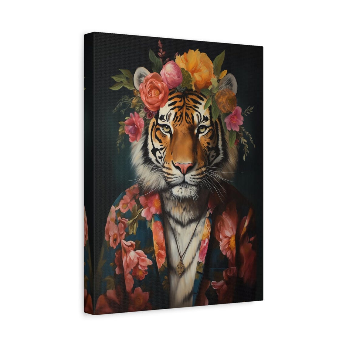 Regal Tiger Portrait with Floral Crown and Blooming Jacket Poster - Image 2