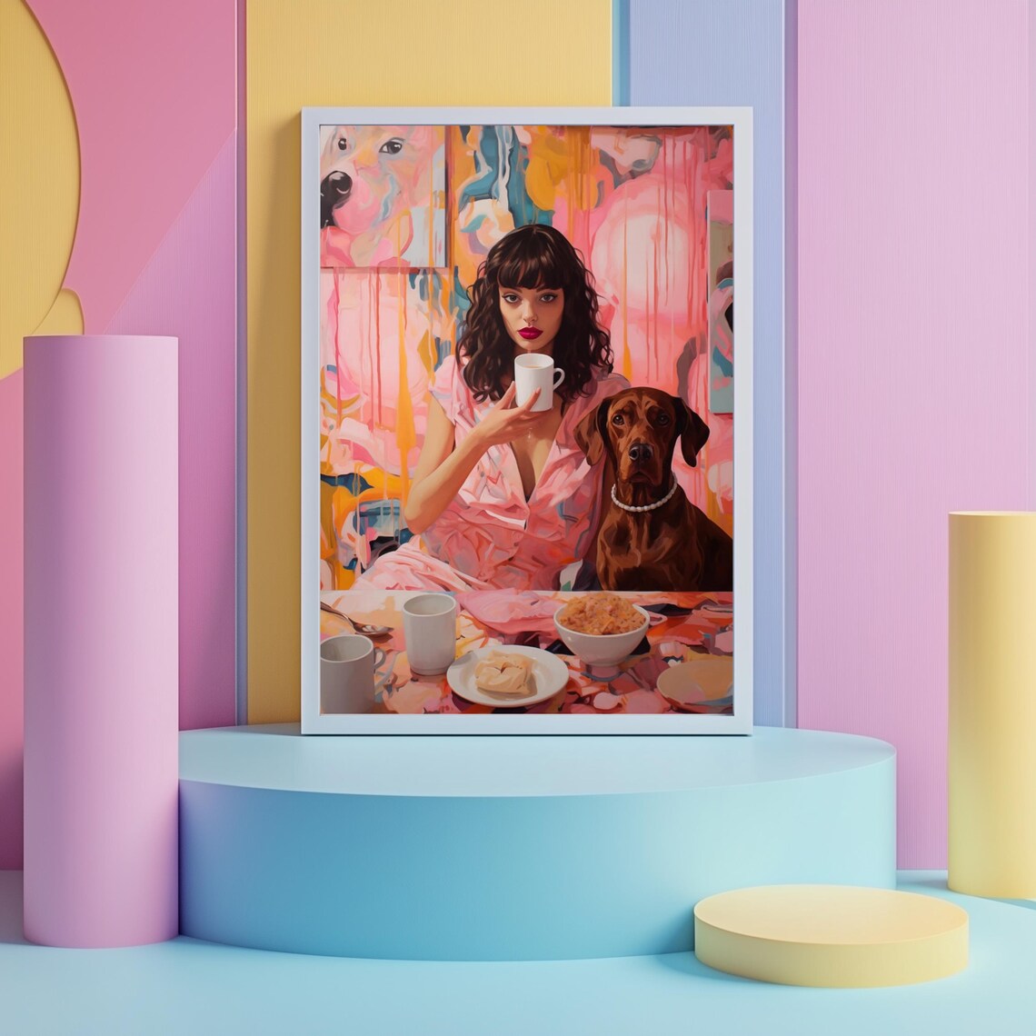 Woman Drinking Coffee With Dog Poster Maximalist Kitchen Decor Art - Image 2