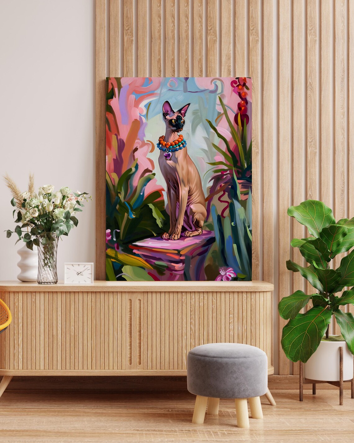 Sphynx Cat Wearing a Beaded Necklace Among Tropical Flowers Poster - Image 2