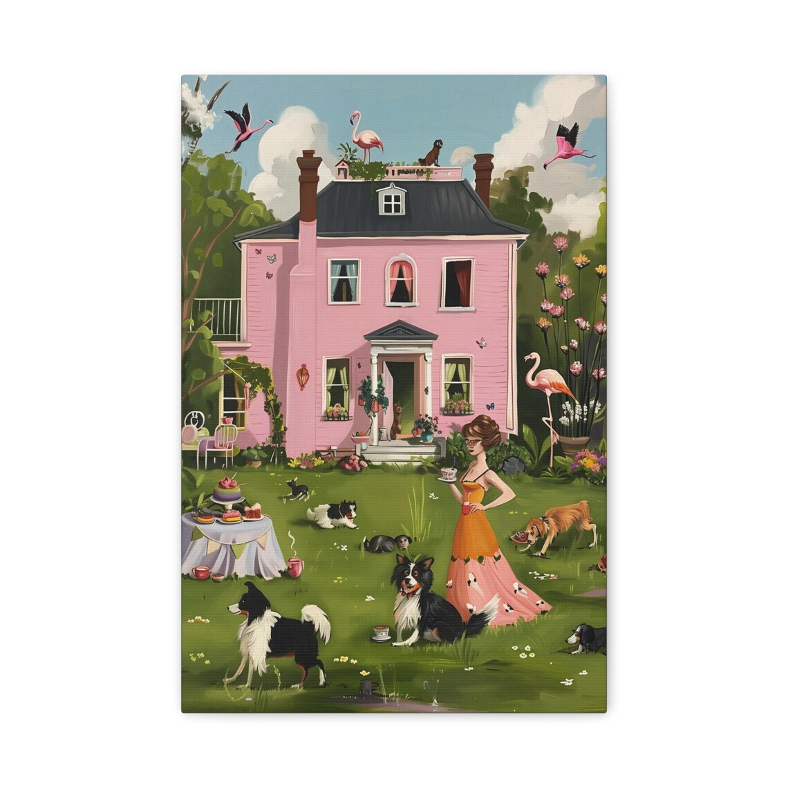 Dog Tea Party on the Lawn of a Pink House With Flamingos Poster - Image 3