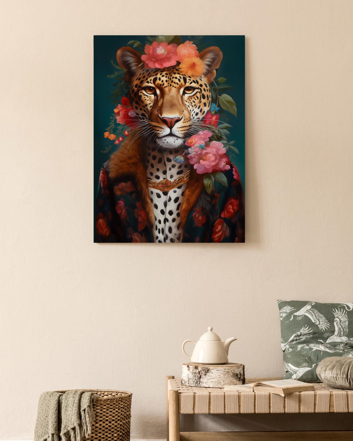 Elegant Leopard Portrait with Floral Crown and Velvet Collar Poster - Image 2