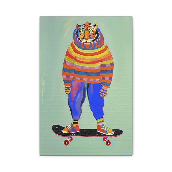 Hipster Tiger on a Skateboard Rainbow Striped Sweater Poster