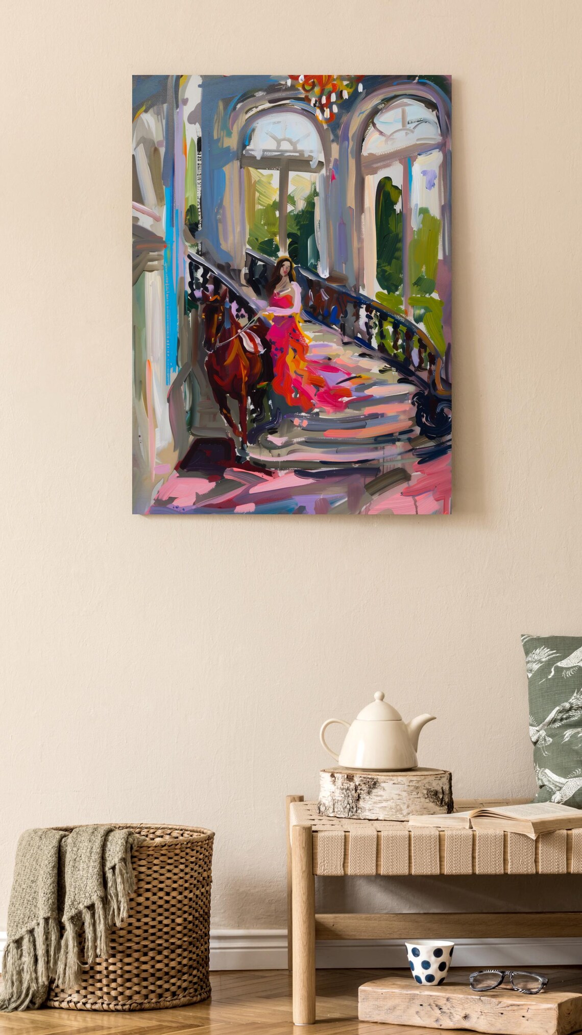 Woman in a Red Gown Leading a Horse Down a Grand Staircase Poster - Image 2