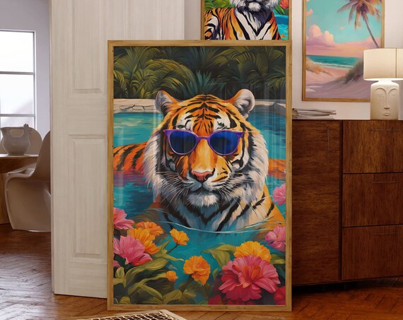 Tiger Wearing Purple Sunglasses In Bright Summer Pool Party Art Poster