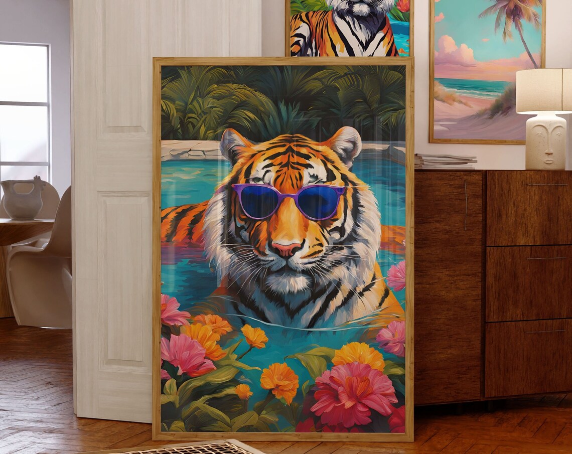 Tiger Wearing Purple Sunglasses In Bright Summer Pool Party Art Poster