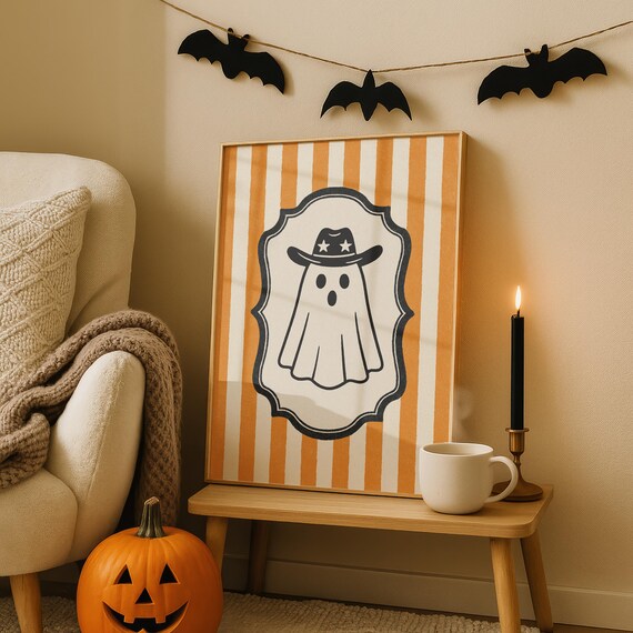 Cute Cowboy Ghost Halloween Orange Stripe Vintage Badge Poster