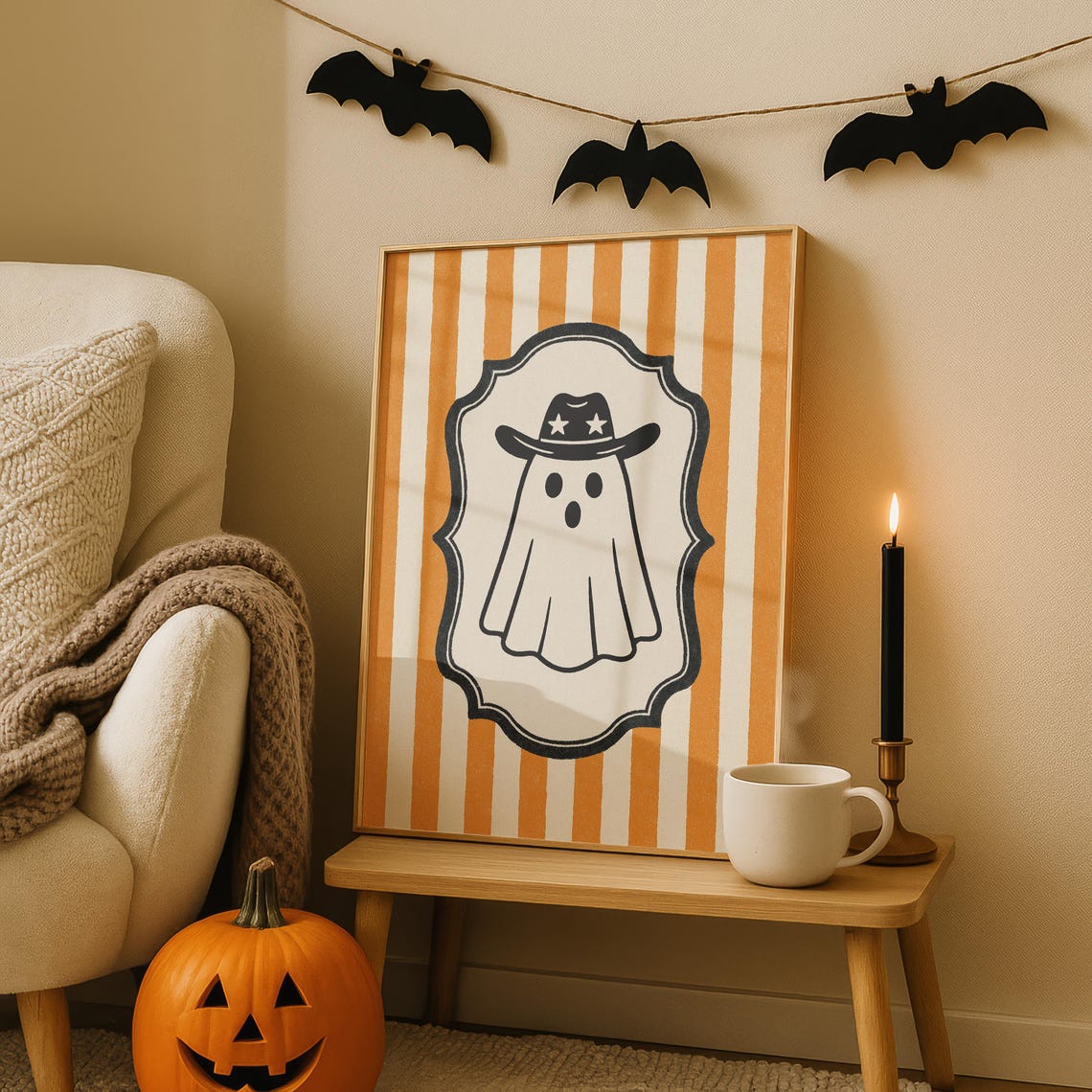 Cute Cowboy Ghost Halloween Orange Stripe Vintage Badge Poster