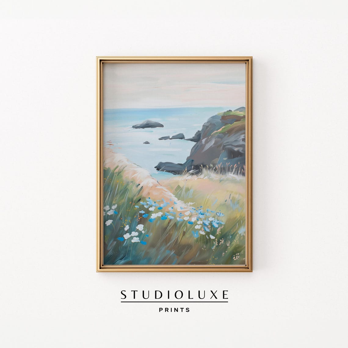 Grassy Coastal Cliff Path with Wildflowers Overlooking the Sea Poster