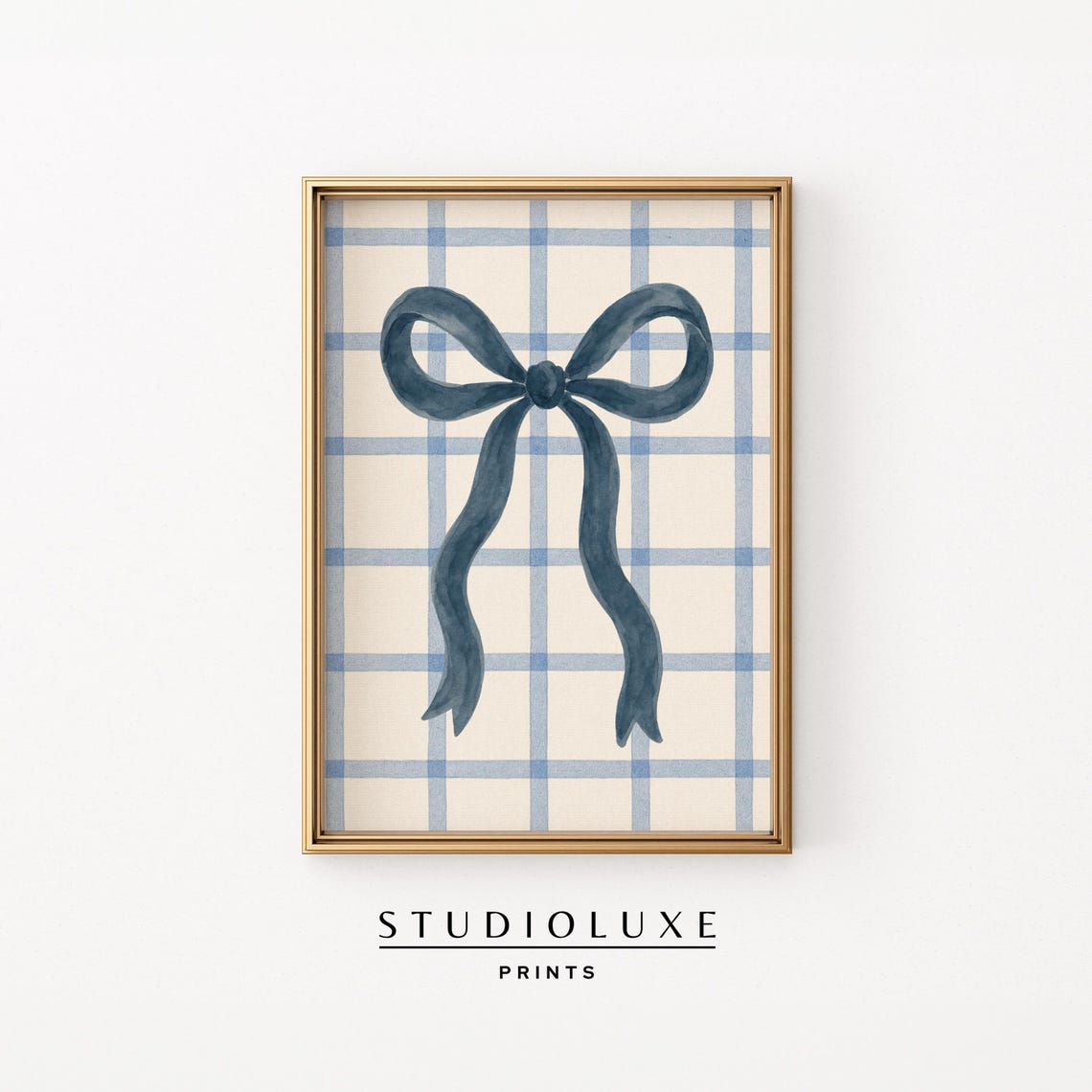 Navy Blue Bow Poster, Watercolor Coquette Ribbon on Plaid Background
