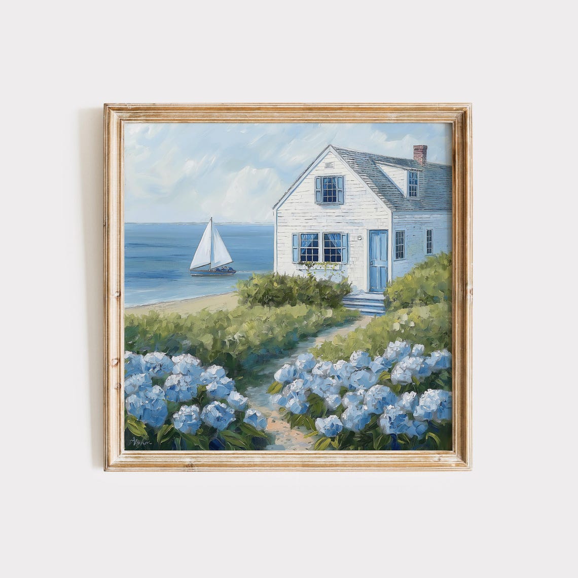 White Seaside Cottage With Sailboat Hydrangea Coastal Decor Poster